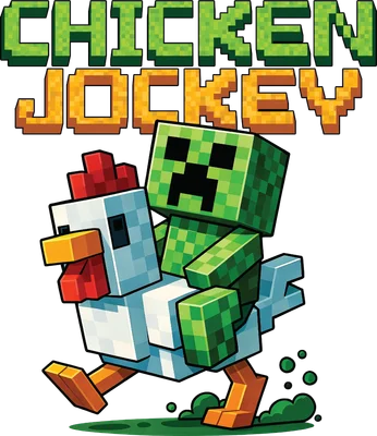 Hình ảnh Creeper Minecraft cưỡi gà chạy, phong cách pixel art, có chữ 'CHICKEN JOCKEY'