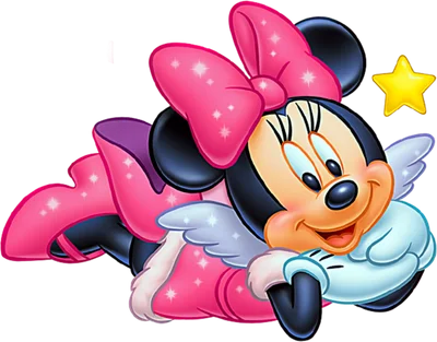 Hình ảnh Minnie Mouse hoạt hình đáng yêu với nơ hồng lấp lánh, váy hồng, đôi cánh trắng và ngôi sao vàng.