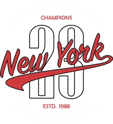 Thiết kế chữ New York màu đỏ trên số 23 trắng, cùng các dòng chữ College League Athletic Dept. trên nền xám.