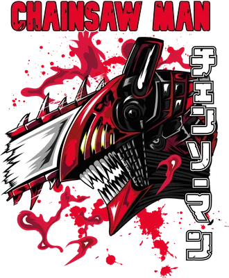 Hình ảnh Chainsaw Man với đầu quỷ dữ, răng sắc nhọn, hiệu ứng máu me và chữ Nhật.