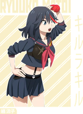 Hình ảnh anime cô gái Ryuko Matoi với mái tóc đen, mắt xanh, mặc đồng phục học sinh ngắn, tay chạm tóc, biểu cảm ngạc nhiên.