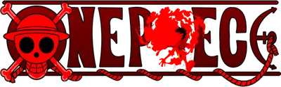 Logo One Piece với hình đầu lâu mũ rơm và chữ ONE PIECE màu đỏ trên nền xám, có hiệu ứng lửa.