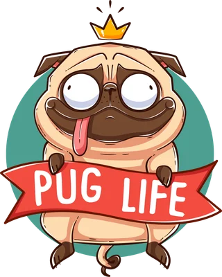Hình vẽ hoạt hình chú chó Pug màu be đội vương miện, lè lưỡi, cầm banner "PUG LIFE" trên nền xám.