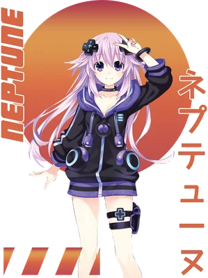 Nhân vật anime nữ tóc tím dài, mặc áo hoodie đen tím, tay tạo dáng chữ V, nền xám có hình tròn cam.