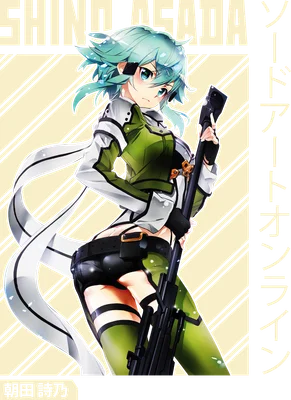Hình ảnh anime cô gái tóc xanh lá cây, Shinon Asada, cầm súng ngắm, phong cách cool ngầu.