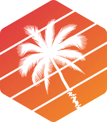 Hình ảnh cây dừa silhouette trên nền hoàng hôn với các sọc ngang màu cam đỏ, phong cách retro.