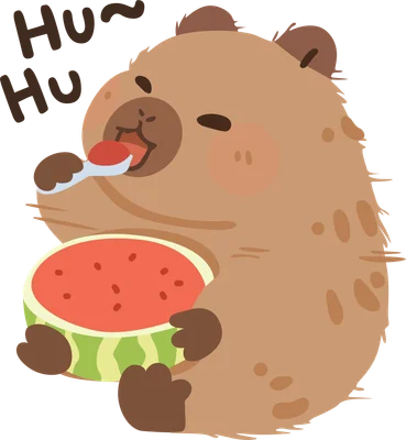 Hình vẽ hoạt hình gấu nâu mũm mĩm đang dùng thìa ăn miếng dưa hấu đỏ mọng, với chữ 'Hu~ Hu' bên cạnh, trên nền xám.