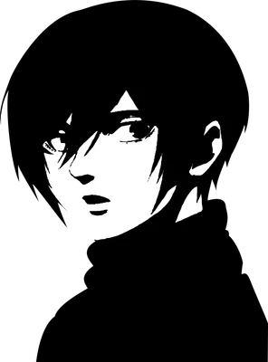 Hình ảnh chân dung nhân vật anime nam với mái tóc đen, biểu cảm bí ẩn, phong cách vẽ tối giản.