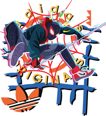 Hình ảnh Spider-Man Miles Morales trong tư thế hành động, với nền graffiti và logo Adidas.