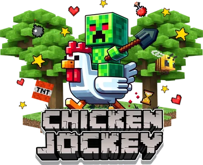 Hình ảnh Creeper Minecraft cưỡi trên lưng gà, với cây cối, ong và các vật phẩm game xung quanh.