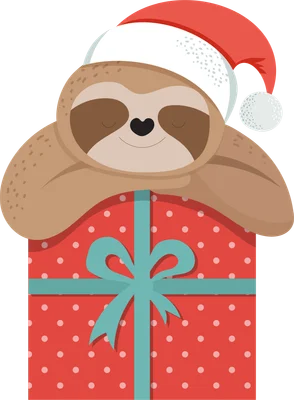 Hình ảnh minh họa một chú lười đội mũ ông già Noel, nằm trên hộp quà Giáng Sinh màu đỏ chấm bi trắng với nơ xanh.