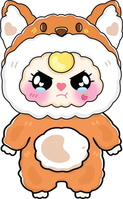Hình ảnh nhân vật hoạt hình chibi dễ thương mặc bộ đồ thú màu cam trắng, mắt rưng rưng nước mắt và biểu cảm giận dỗi.