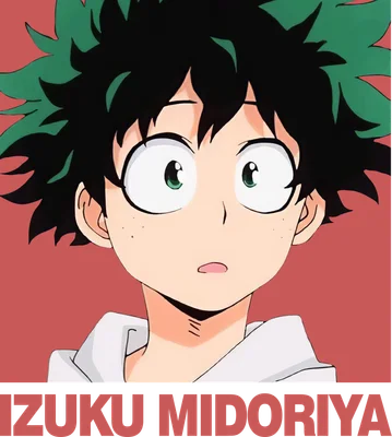 Hình ảnh hoạt hình Izuku Midoriya với mái tóc xanh lá, đôi mắt to tròn màu xanh lá và biểu cảm ngạc nhiên.