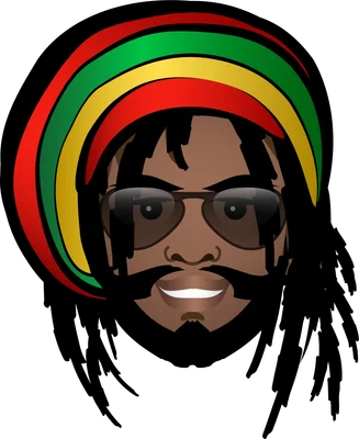 Hình vẽ chân dung một người đàn ông theo phong cách Rasta, đội mũ beret sọc đỏ, vàng, xanh lá cây, đeo kính râm và cười tươi.