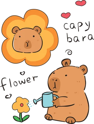Hình vẽ hoạt hình capybara dễ thương đang tưới hoa và một đầu capybara trong hình dạng bông hoa màu cam.