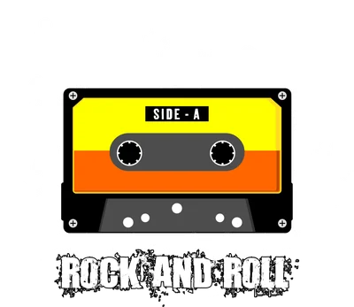 Hình minh họa băng cassette retro màu vàng cam với chữ 'SIDE - A' và 'ROCK AND ROLL' trên nền grunge xám trắng.