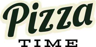 Hình in chữ Pizza Time màu xanh đậm và kem với viền trắng, phông chữ retro trên nền xám.