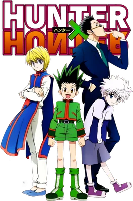 Bốn nhân vật anime Hunter x Hunter đứng cạnh nhau trên nền xám.