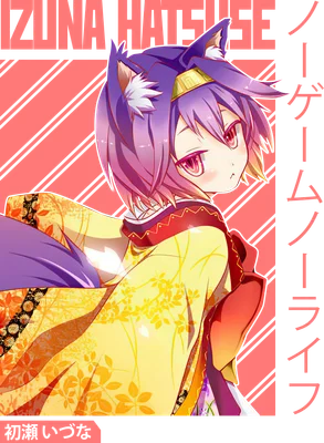 Hình ảnh anime Izuna Hatsuseículas với mái tóc tím, tai mèo, mặc kimono vàng và đỏ, có chữ tiếng Nhật.
