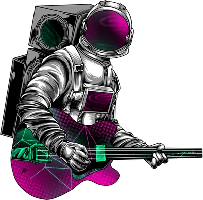 Hình ảnh phi hành gia mặc bộ đồ vũ trụ, tay chơi đàn guitar điện tử với hiệu ứng neon và không gian vũ trụ trên mũ bảo hiểm.