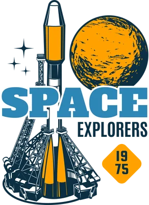Hình minh họa tên lửa vũ trụ trên bệ phóng, hành tinh cam và chữ 'SPACE EXPLORERS 1975' trên nền xám.