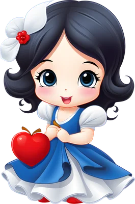 Hình ảnh cô bé hoạt hình chibi tóc đen, váy xanh trắng, ôm quả táo đỏ, cài nơ trắng hoa đỏ trên tóc, đôi mắt to tròn đáng yêu.