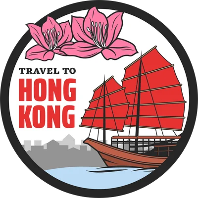 Hình minh họa thuyền buồm truyền thống Hồng Kông với cánh buồm đỏ, hoa Tử Kinh hồng và dòng chữ Travel to Hong Kong.