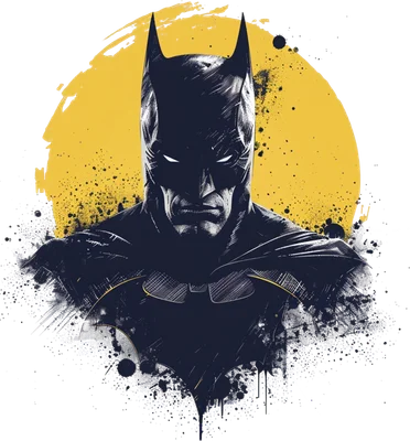 Hình ảnh Batman với mặt nạ đen, mắt trắng sáng, nền tròn vàng loang lổ và hiệu ứng bắn sơn.