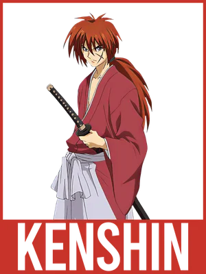 Hình ảnh nhân vật anime Kenshin tóc đỏ, mặc kimono đỏ, cầm kiếm Nhật, có vết sẹo trên mặt.