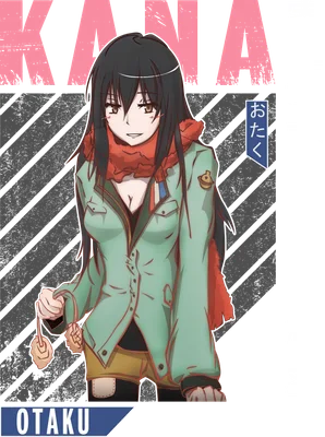 Hình ảnh cô gái anime tóc đen, mặc áo khoác xanh, khăn đỏ, cầm phụ kiện, có chữ KANA và OTKU