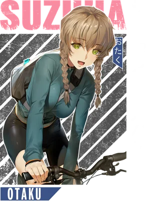 Hình ảnh minh họa nhân vật nữ anime Suzuha Amane với mái tóc tết, mặc đồ thể thao, đang đạp xe.