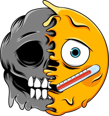 Hình ảnh minh họa emoji mặt cười màu vàng đang tan chảy, một nửa là sọ người màu xám, có nhiệt kế cắm vào.