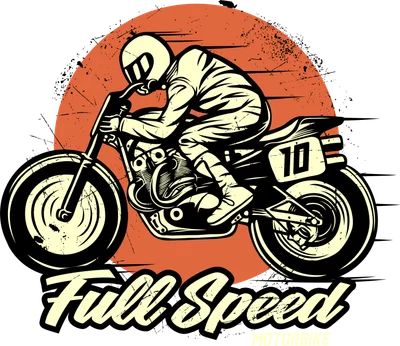 Hình minh họa tay đua mô tô tốc độ cao phong cách vintage với chữ Full Speed