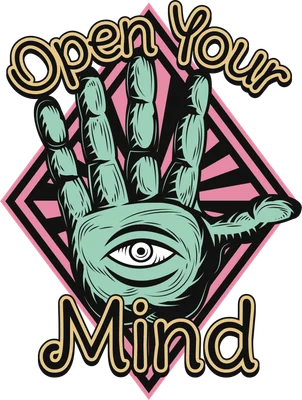 Thiết kế đồ họa bàn tay có con mắt ở giữa với dòng chữ Open Your Mind phong cách vintage