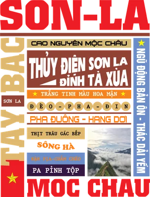 Hình ảnh tổng hợp các địa danh, đặc sản nổi tiếng của Sơn La với nhiều khối chữ màu sắc và một ảnh phong cảnh mây núi.