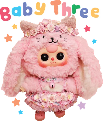 Hình ảnh nhân vật hoạt hình Baby Three màu hồng, đội vương miện hoa, mặc váy hoa, với đôi mắt to tròn và má hồng.
