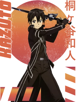 Nhân vật Kirito từ Sword Art Online cầm kiếm, mặc áo khoác đen, với nền tròn màu cam và chữ Nhật.
