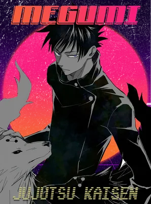 Hình ảnh Megumi Fushiguro từ Jujutsu Kaisen cùng linh thú, nền retro synthwave.
