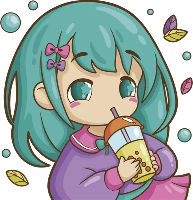 Hình ảnh cô bé chibi tóc xanh mint, đeo nơ hồng tím, đang vui vẻ uống ly trà sữa trân châu.