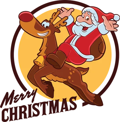 Hình vẽ Ông Già Noel vui vẻ cưỡi tuần lộc, có chữ Merry Christmas.