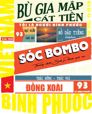 Thiết kế typography về Bình Phước với các địa danh, đặc sản, số 93 và ngôi sao Việt Nam, phong cách retro.