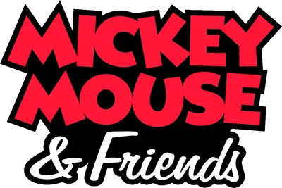 Logo Mickey Mouse & Friends với chữ Mickey Mouse màu đỏ viền đen và chữ & Friends màu trắng viền đen trên nền xám.