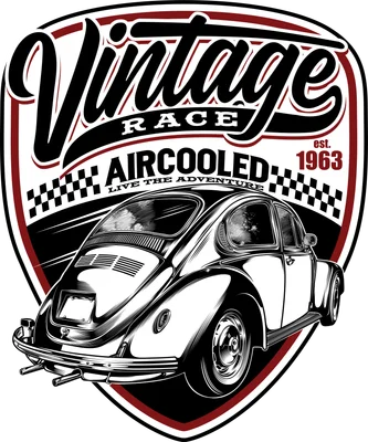Thiết kế logo xe cổ Volkswagen Beetle phong cách vintage race với họa tiết cờ đua