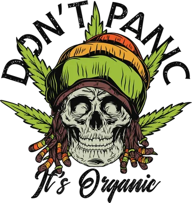 Hình minh họa đầu lâu phong cách Rastafari với mũ len và lá cần sa, dòng chữ Don't Panic It's Organic