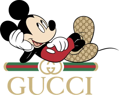 Hình ảnh Mickey Mouse nằm thư giãn với họa tiết Gucci trên tai và quần, cùng logo Gucci.