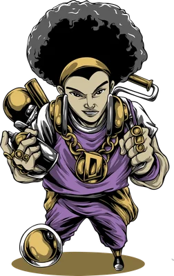 Hình vẽ chàng trai hip hop với mái tóc afro lớn, đeo tai nghe vàng, dây chuyền to bản và cầm bình xịt sơn.