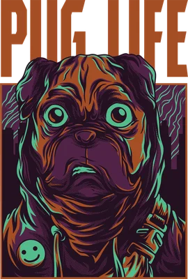Hình minh họa chó Pug với biểu cảm ngạc nhiên, phong cách retro, có chữ "Pug Life"