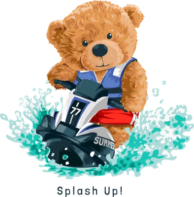 Gấu teddy nâu mặc áo xanh lái chiếc jet ski trắng xanh đỏ giữa những bắn nước turquoise sôi động