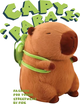 Hình ảnh capybara hoạt hình dễ thương màu nâu đeo balo xanh lá cây, mắt nhắm, trên nền xám. Có chữ 'CAPY BARA' và 'FASHION FOR YOUNG STREETWEAR BY PIPE'.