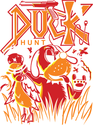 Hình ảnh minh họa chó săn màu đỏ cam đang nhìn vịt với khẩu súng và chữ 'DUCK HUNT' phía trên.
